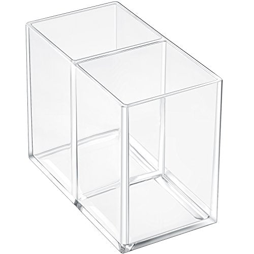 Gejoy Acrylic Pencil Pen Holder Clear Makeup Brush Organizer 2 Compartments for Desktop Stationery Office Bedroom