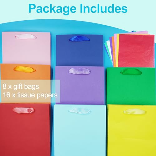MOXARYSU 8 Pcs Medium Gift Bags With Handles: 8x5x10 Rainbow Colour Gift Bags Kraft Paper Party Favor Bags With 16 Tissues...
