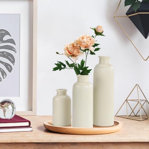 Small Beige Ceramic Vase Set of 3, Boho Modern Beige Flower Vase Room Decor, Farmhouse Decor, Vases for Your Kitchen, Bath...