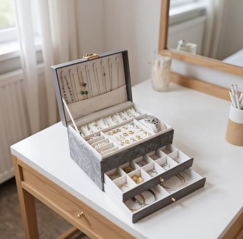 TOFUNTOY Jewelry Organizer Box, Large Jewelry Boxes for Women, 3-Layer Jewelry Holder Organizer for Necklace Earrings Ring...