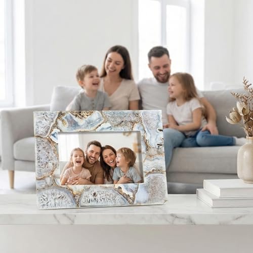 Natural Blue Agate 5x7 Photo Frame | Hand-Polished Luxury Crystal Picture Frame for Tabletop | Elegant Geode Stone Display...