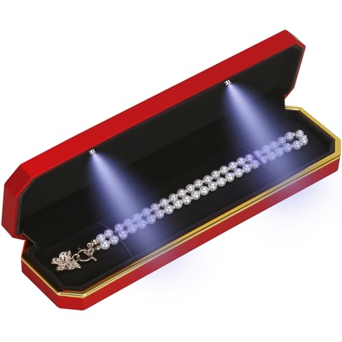 Luxury LED Necklace Long Chain Gift Box with LED Light, Velvet Jewelry Box Storage Case Organizer Holder (Red)