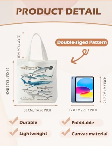 Supwhd Beach Tote Bag, Species of Sharks Canvas Tote Bags for Women