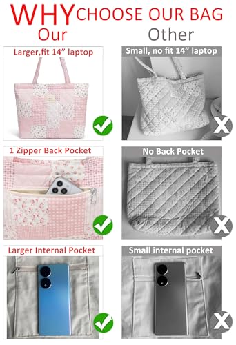 Ecohaso Quilted Tote Bag for Women, Cute Tote Bag with Top Zipper for College Work Travel Casual Shoulder Bag Purse handbags