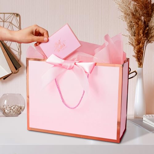 Plauthus Pink Gift Bag with Ribbon, 13" Large Gift Bag with Handle, Greeting Card & 2 Tissue Paper(Rose Gold Foil Frame) f...