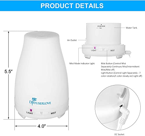 Diffuserlove 2 Pack 200ml Essential Oil Diffuser Ultrasonic Aromatherapy Diffuser Cool Mist Humidifiers with 7 Color LED L...