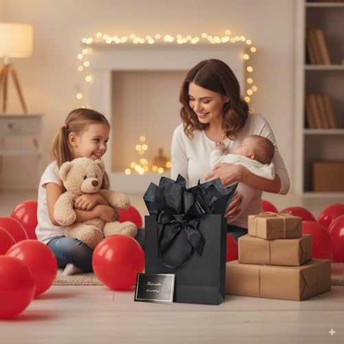 Papertide 2 Pack 10x4.5x11 Inch Large Black Gift Bag Set with Tissue Paper, Greeting Card & Ribbon, Big Gift Wrapping Kits...