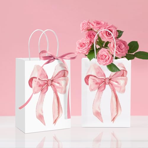 Draupnir 24PCS Coquette Pink Bow Paper Gift Bags, Party Favor Bags, Pink Goodie Bags for Birthday&Bachelorette Party Decor...