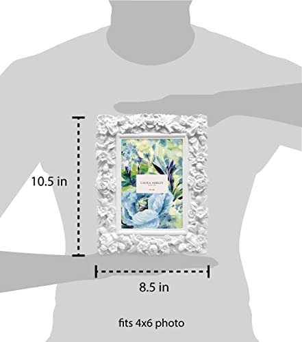 Laura Ashley 4x6 White Floral Textured Hand-Crafted Resin Picture Frame with Easel, for Tabletop & Wall Display, Decorativ...