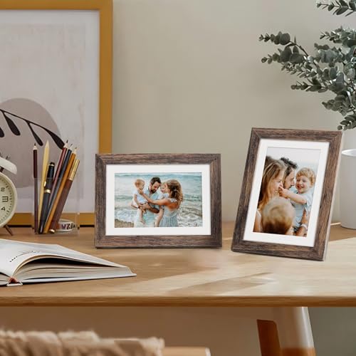 Fixwal 5x7 Picture Frame, Display Pictures 4x6 with Mat or 5x7 Without Mat, Brown Photo Frames for Wall Mounting or Tablet...