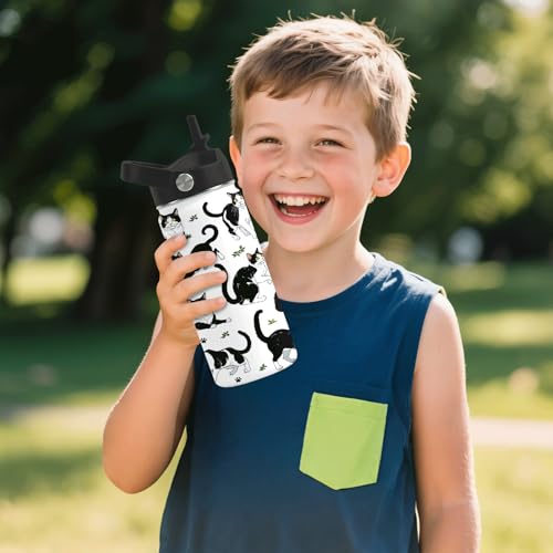 Cat Gifts for Kids - 16oz Black Cat Water Bottle with Straw Lid, Stainless Steel Insulated Bottle, Leak Proof, BPA-Free, f...