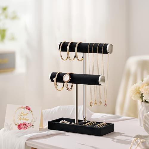 bussdis 2 Tier Bracelet Holder Display - Detachable T Bar Black and Silver Velvet Bracelet Holder, Jewelry Holder Organize...