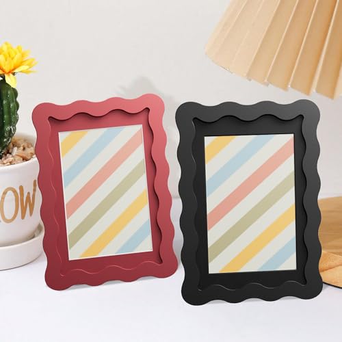 THKRLOF 4x6 Picture Frame with Mat for 3.5x5, Wavy Edge Wooden Real Glass Photo Frame for Tabletop and Wall Hanging, Blac...