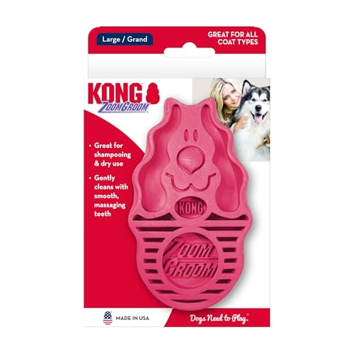 KONG - ZoomGroom - Dog Brush for Grooming and Shampooing - Red Brush for Large Dogs
