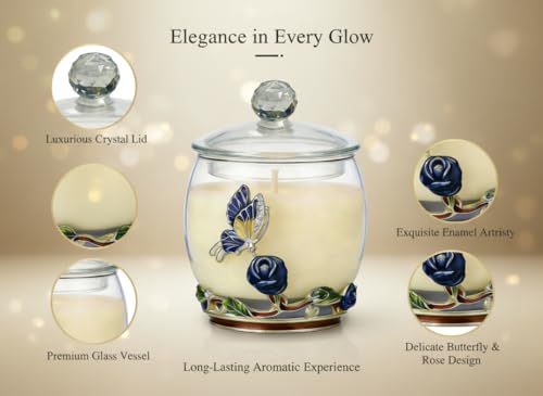 Scented Candles Gifts for Women - Enamel Butterfly & Blue Rose Decorative Glass Jar with Faceted Crystal Lid, Special Cand...