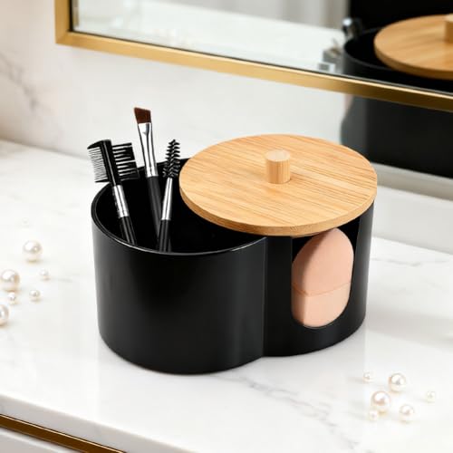YOSINXU Dual-Compartment Cotton Swab & Pad Organizer with Removable Dustproof Lid, Bathroom Accessories Storage Organizer ...