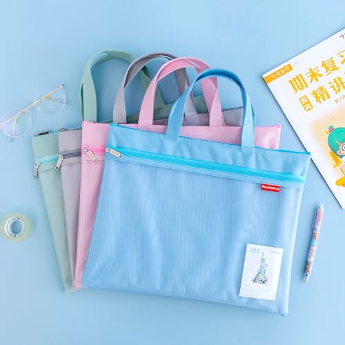 Pendancy Mesh Zipper Pouch 11x13.7 in, 2 pcs Large Double Pocket Waterproof File Bag with Handle, A4 Size Foldable Documen...