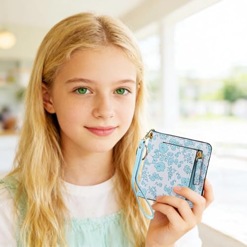 COSHAYSOO Personalized RFID Slim Bifold Wallet for Women Teen Girls with Wristlet Keychain, Blue Small Wallets Woman Cute ...