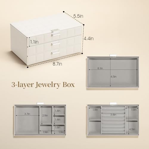 LAMU Jewelry Box Organizer with Mirror, 3-Layer Jewelry organizer with 2 Drawers, Large PU Leather Organizer for Earrings ...