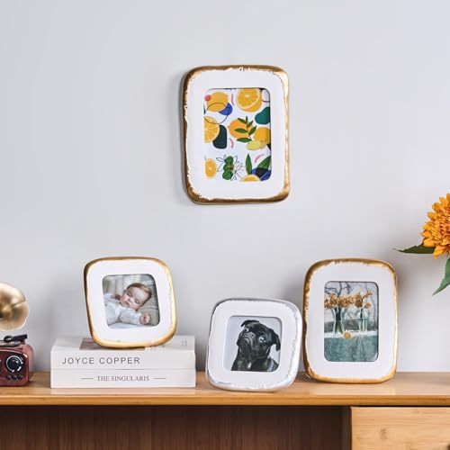 ZIHARA 4x6 Picture Frame, Ornate Photo Frame White & Gold, Hand-Crafted Resin Table Top Frame, Hanging Frames with Easel, ...