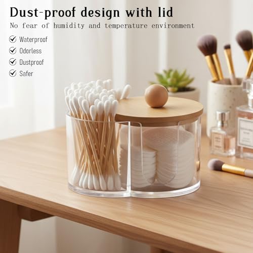 Quilax Cotton Round Holder, Dual Compartment Qtips Dispenser with Removable Dustproof Lid, Clear Plastic Cotton Pad Holde...