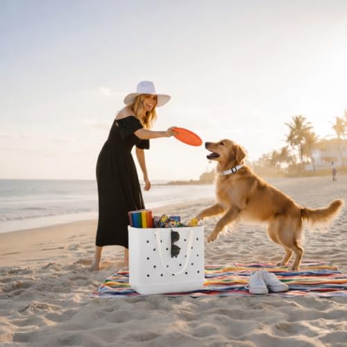 Waterproof Beach Bag Large Pool Tote with Free Charm Gift - EVA Beach Bag for Women, Sand-Free Summer Vacation Bag with Ha...