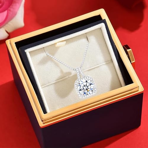 Preserved Real Rose Rotate Box with Love of Diamonds Necklace -Eternal Flowers Rose Flower Romantic Gifts for Mom Wife Gir...