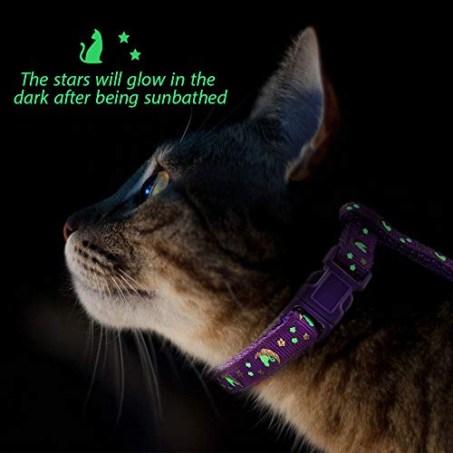 Cat Harness and Leash Set Gold Moons Soft Nylon Escape Proof Adjustable for Kittens Small Animals Glow in The Dark(Purple)