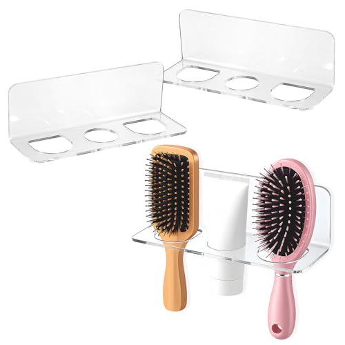 2 Pcs Acrylic Hair Brush Holder with 3 Holes Adhesive Bathroom Hair Tool Organizer Wall Mount for Curling Wands Straighten...