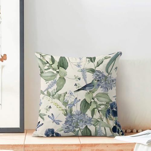 JEFERSO Chinoiserie Pillow Covers 18x18 Set of 2 Blue Green Floral Bird Pillow Cases Vintage Flower Seasonal Outdoor Throw...