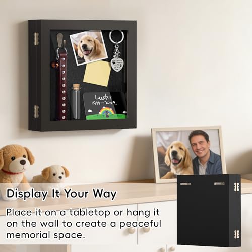 AXEFUN Pet Memorial Shadow Box for Dog or Cat, Wooden Pet Memorial Box with Collar Holder, Keepsake Bottle & Memorial Plaq...