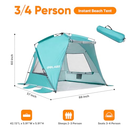 Golabs BT1 Pop up Beach Tent Sun Shelter for 3-Person, 1-Minute Setup by Pre-Attached Pole & UPF 50+, Beach Shade with Det...