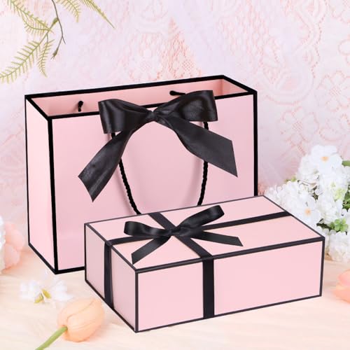 Magnetic Gift Box with Lids Ribbons and Gift Bag for Presents, 9.5x6x3" Pink Gift Box with Bag Set for Women Girl Her, Cut...