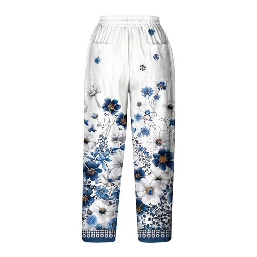 bawilom Hawaii Capri Pants for Women Casual Tropical Floral Print Pants Elastic High Waist Drawstring Summer Beach Trousers