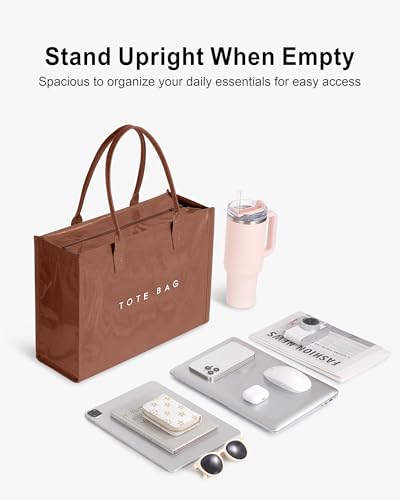 Large PVC Tote Bag for Women, Kraft Paper Handbag Beach Tote with Letter Print, Top Handle Purse for Work Travel Shopping