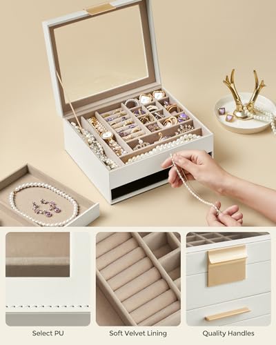SONGMICS GISELLA Collection - Jewelry Box Organizer, 2-Layer Jewelry Storage with 1 Drawer, Shiny Metal Hardware, Glass Li...