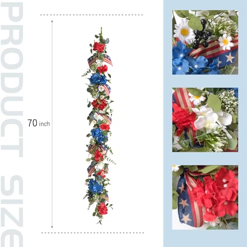 Egolot Patriotic Hydrangea Red White Blue Flower Garland Wreath for Front Door, Forth of July Independence Day Indoor Outd...
