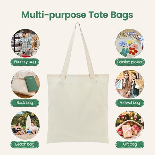 Carbrea 12 Pack Canvas Tote Bag - Lightweight Thin Tote Bags Bulk Blank Shopping Reusable Grocery Bags for DIY Gift Sublim...