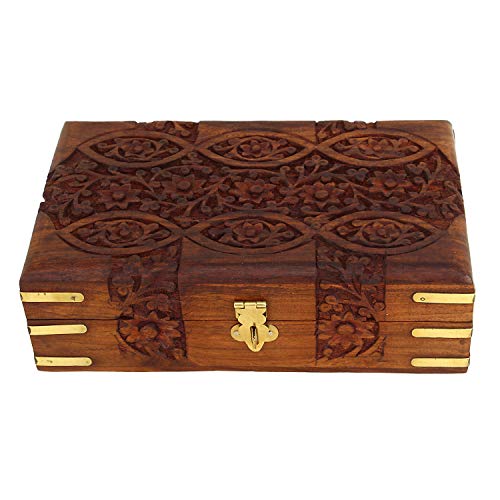 Ajuny Handcarved Treasure Chest Wooden Decorative Jewelry Storage Box Eye Floral Design Multipupose Small Memory Keepsake ...