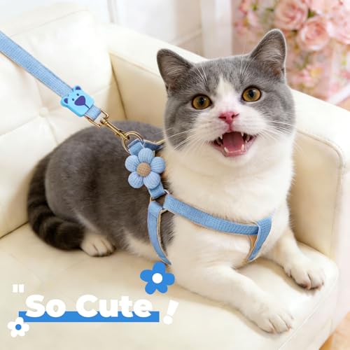 PETCARE Cute Cat Harness and Leash Set, Blue Flower Cat Walking Harness with Bow Tie Cats Leash, Easy Walk Lightweight Ste...
