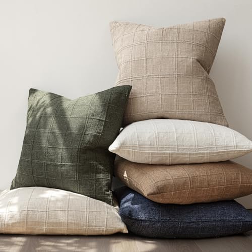 Foindtower Set of 1 Decorative Linen Check Throw Pillow Cover Neutral Farmhouse Lumbar Cushion Cover Soild Modern Coastal ...
