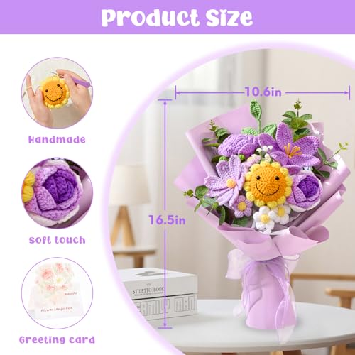 Faylifeway Crochet Flower Bouquet, Handmade Knitted Flowers,Purple Crochet Sunflower Bouquet for Lover Birthday, Anniversa...