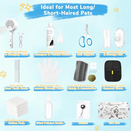 10Pcs Mist Spray Brush Kit for Cats & Dogs, Hair Health & Grooming Set with 100ml Waterless Shampoo, Cat Scratcher w/Catni...