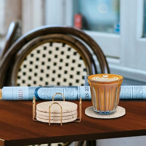 YONGHEE Italian Travertine Coasters Set of 5 with Holder, Round Beige Marble Drink Coasters for Coffee Table Decor Housewa...