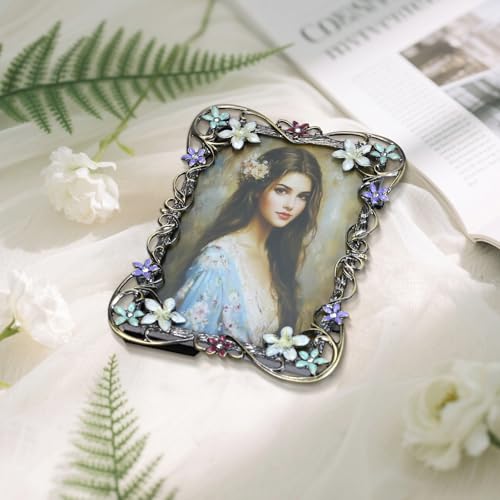 Essovee Vintage Photo Frame 4x6, Metal photo frame with European Floral Ornate Enamel Flower & Bronze Metal Design with HD...