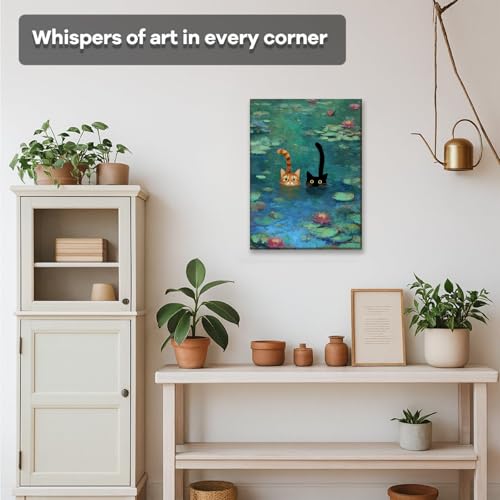 Funny Cat Canvas Wall Art Impressionist Water Lily Painting Picture Wall Decor Modern Cute Animal Lover Poster Print Artwo...