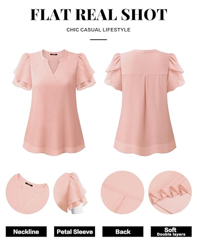 Lotusmile Womens Dressy Chiffon Blouses Summer Puff Petal Short Sleeve Shirts V Neck Casual Work Tops