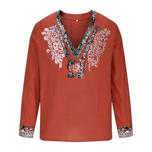 Mens Cotton Shirts Vintage Ethnic Floral Tops Boho V Neck Beach Sweatshirts Trendy Casual Long Sleeve Fall Outerwears
