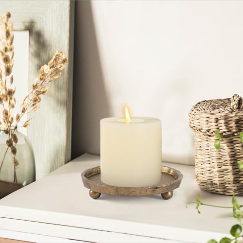 Vintage Cast Iron Pillar Candle Holder Plate, Rustic Brass Candle Tray – Round Candle Base Stand for Small Pillar Candles,...