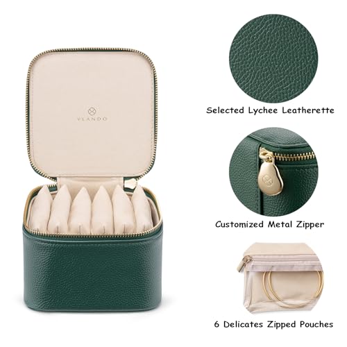 VLANDO Travel Jewelry Box Organizer – Portable PU Leather Jewelry Case with 6/8/12 Zippered Pouches, Compact Storage for E...